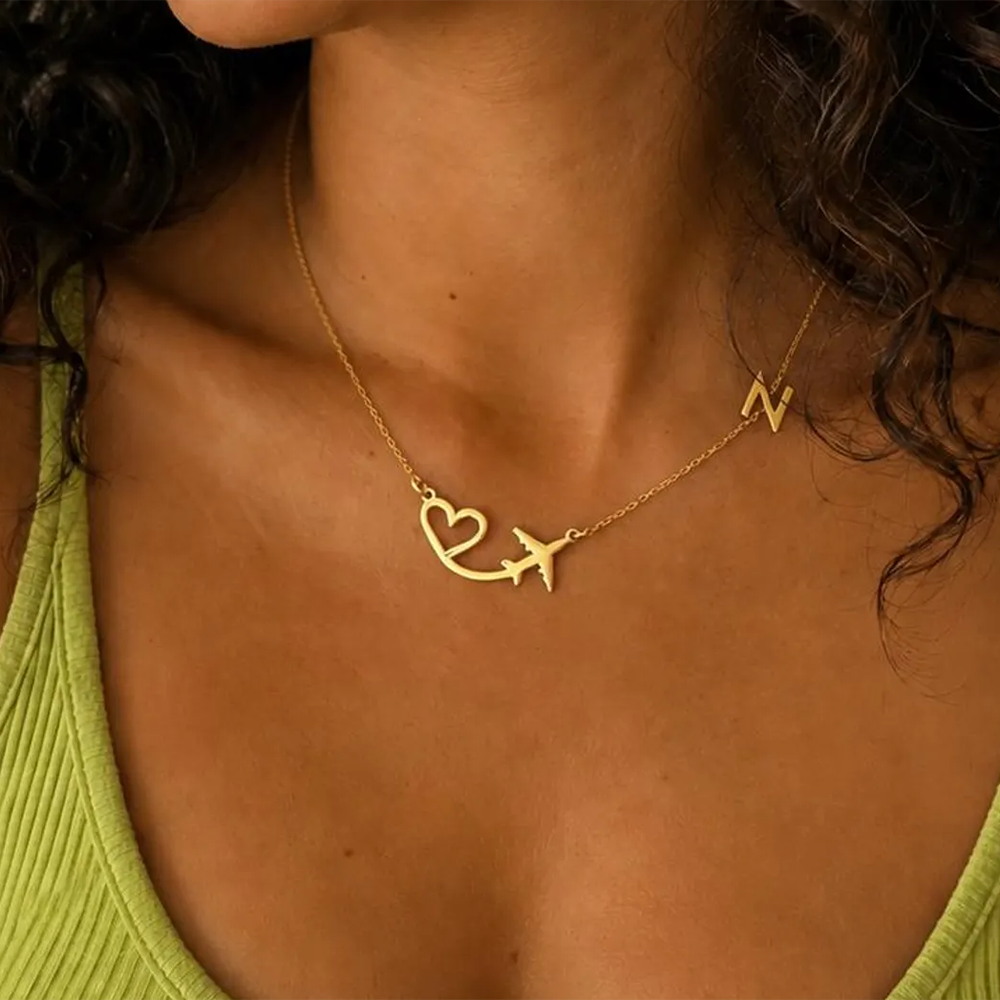 Women Fashion Names - Personalized Heart Airplane Initial Pendant Necklace