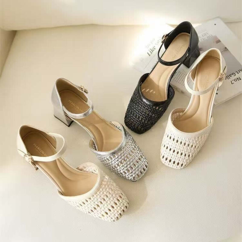 Women'S Fashion Brands - Fashion Woven Hollow Chunky Root Sandals