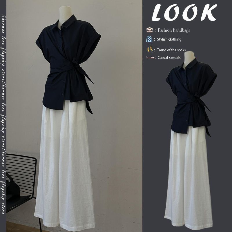 Wide Leg Palazzo Pants - Women's Summer Black Bandage Bowknot Shirts