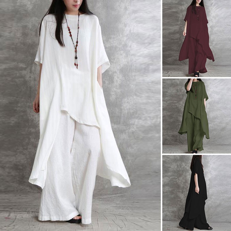 Wide Leg Palazzo Pants - Women's Cotton Linen 2-piece Sets Large