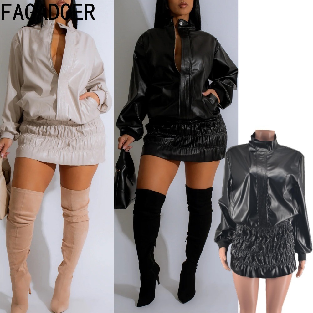 Women'S Fashion Quarter Zip - FAGADOER Punk Leather 2 Piece Sets