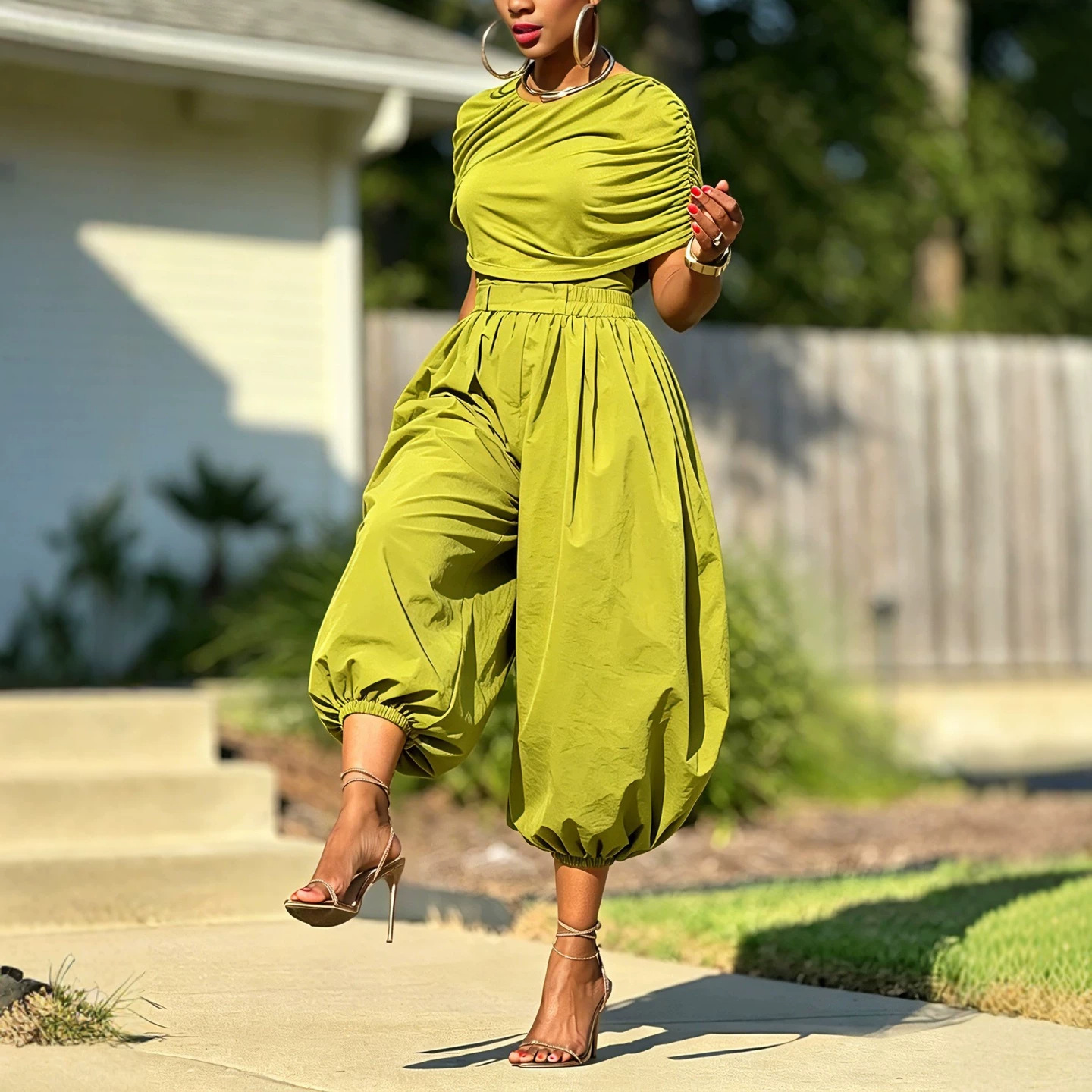 Two Piece Matching Set Ruched  - đánh giá và giá Wide Leg Palazzo Pants