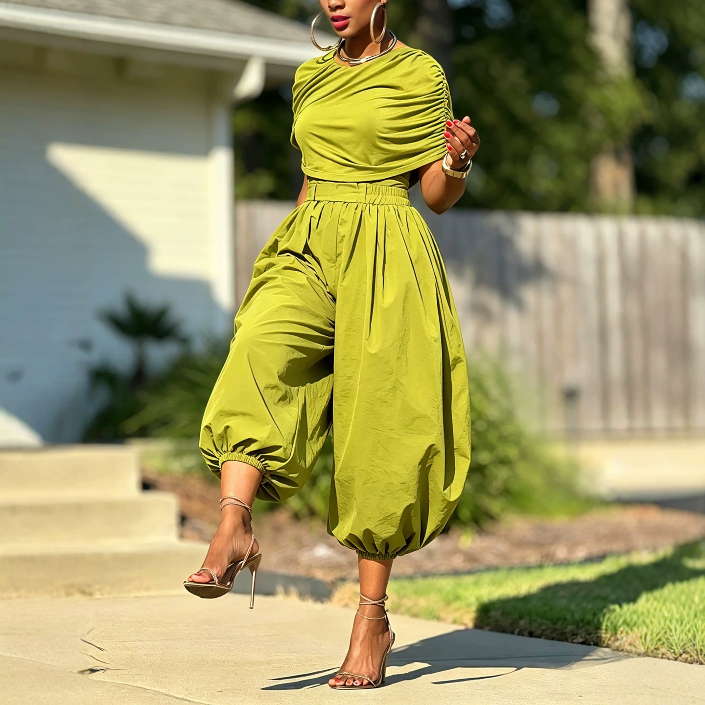 Two Piece Matching Set Ruched  - đánh giá và giá Wide Leg Palazzo Pants